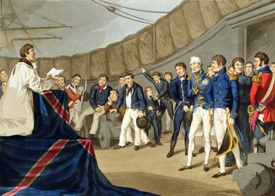 Marineros rezando a bordo del barco de Lord Nelson después de la Batalla del Nilo de John Augustus Atkinson